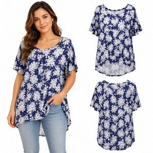 LuLaRoe Irma Floral High Low Tunic Top XS Blue